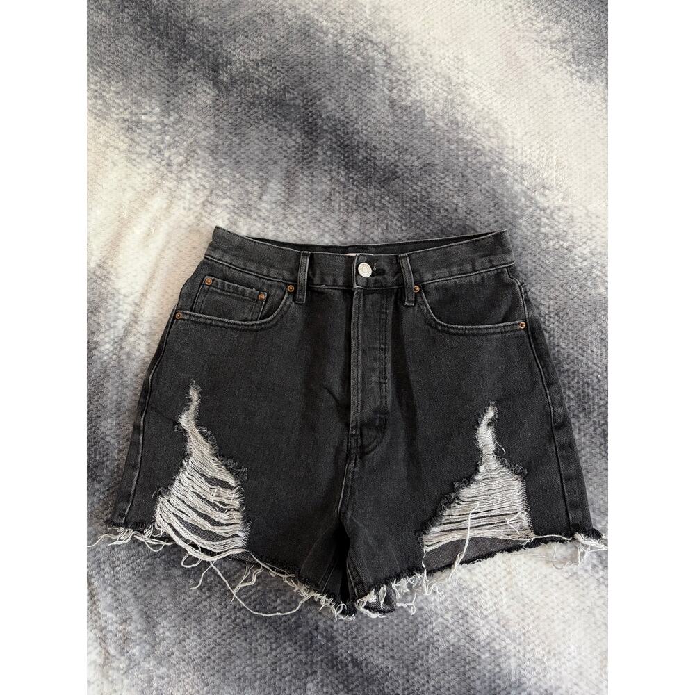 Pacsun Ultra High Rise Vintage Short Denim Distressed Fringe Women Size 27